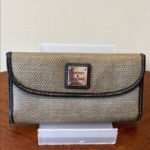 Dooney Bourke long wallet coated canvas woven straw yellow tan/green tint /navy